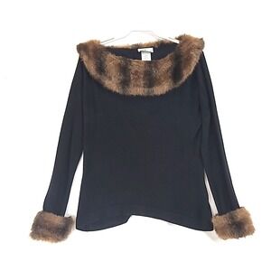 Women's Ambra Faux Fur Collar Black  Blouse Size Large Breakfast at Tiffanys